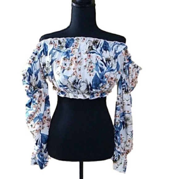 SHEIN Tops - SHEIN Off Shoulders Flower Print Long Sleeves Crop Top Women's Large NWOT